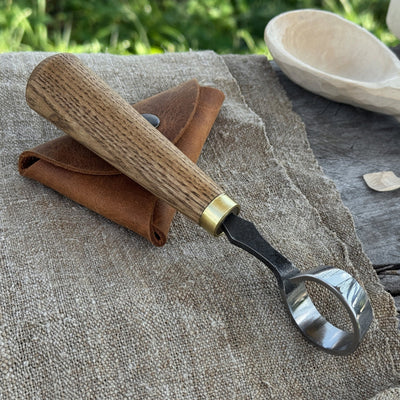 Hand-forged spoon carving scorp knife with round 3 cm blade and leather case