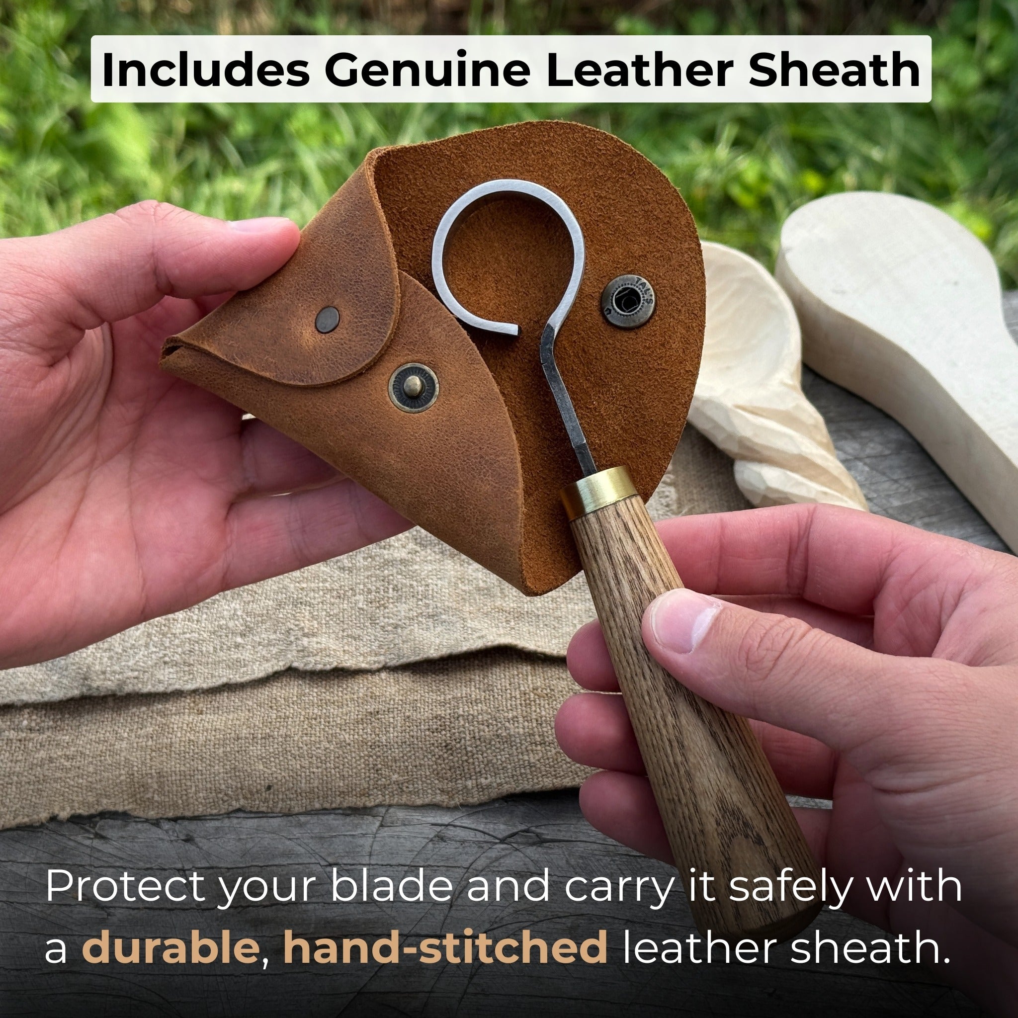 Hand-forged spoon carving scorp knife with round 3 cm blade and leather case