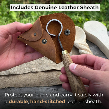 Hand-forged spoon carving scorp knife with round 3 cm blade and leather case
