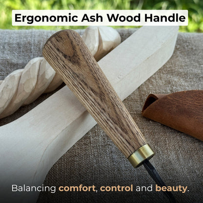 Hand-forged spoon carving scorp knife with round 3 cm blade and leather case