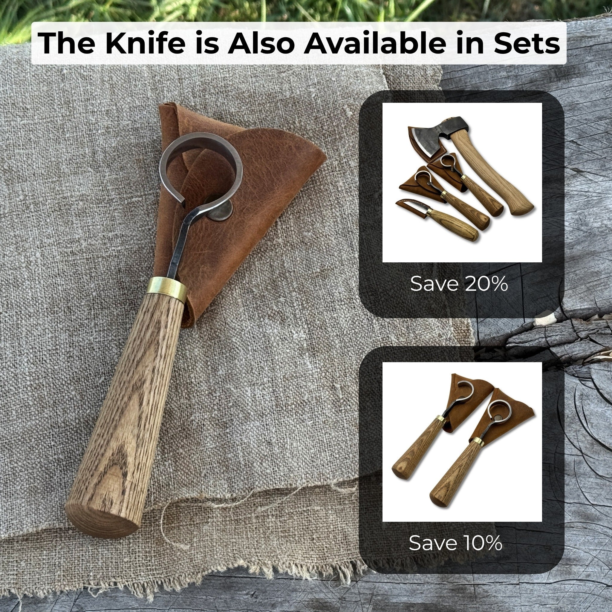 Hand-forged spoon carving scorp knife with round 3 cm blade and leather case