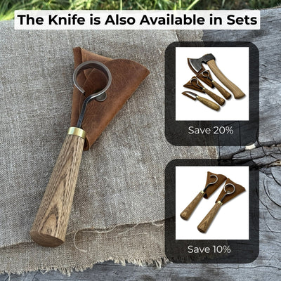 Hand-forged spoon carving scorp knife with round 3 cm blade and leather case