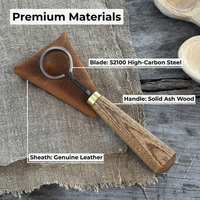 Hand-forged spoon carving scorp knife with round 3 cm blade and leather case