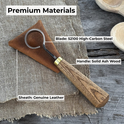 Hand-forged spoon carving scorp knife with round 3 cm blade and leather case