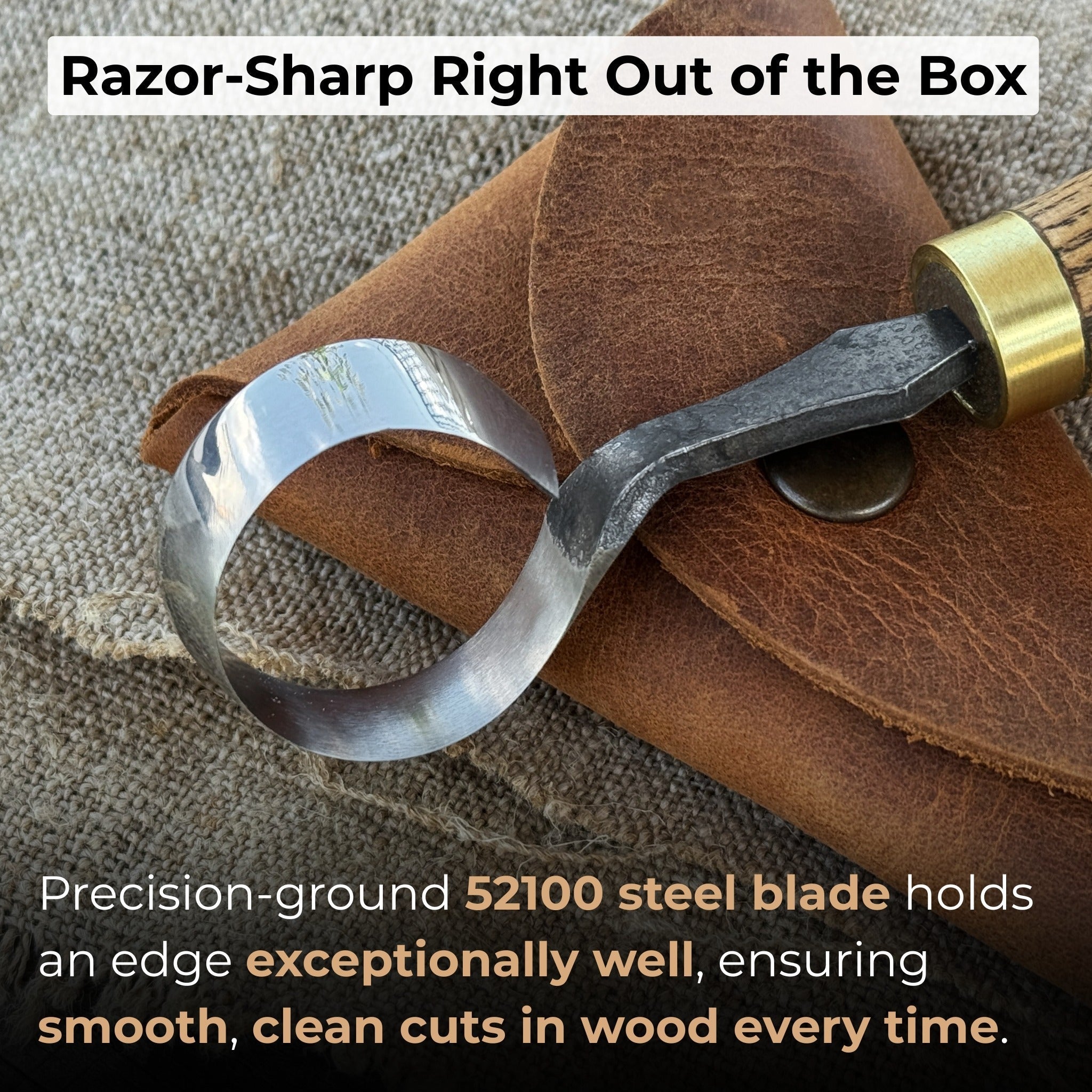 Hand-forged spoon carving scorp knife with round 3 cm blade and leather case
