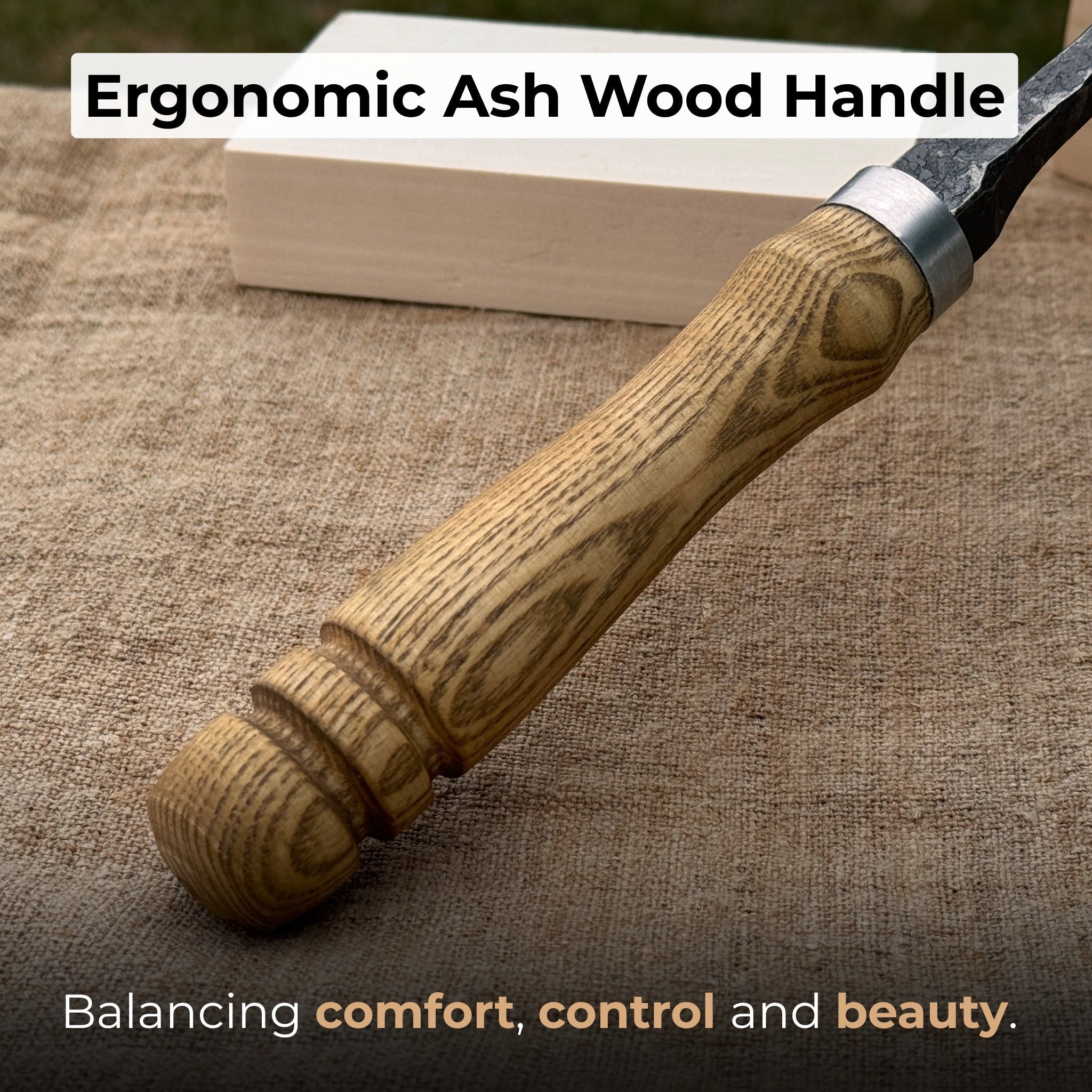 Hand-forged Spoon (Short) Bent Gouge with ash wood handle and carbon steel blade