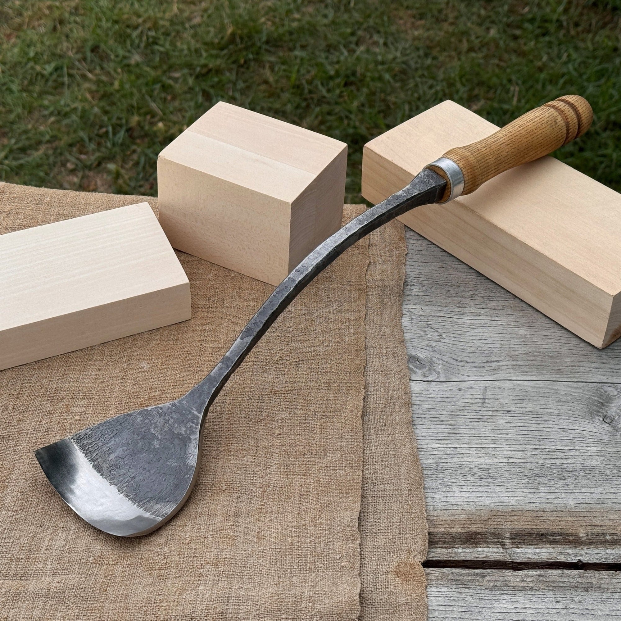 Hand-forged Spoon (Short) Bent Gouge with ash wood handle and carbon steel blade