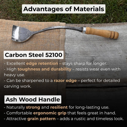 Hand-forged Spoon (Short) Bent Gouge with ash wood handle and carbon steel blade