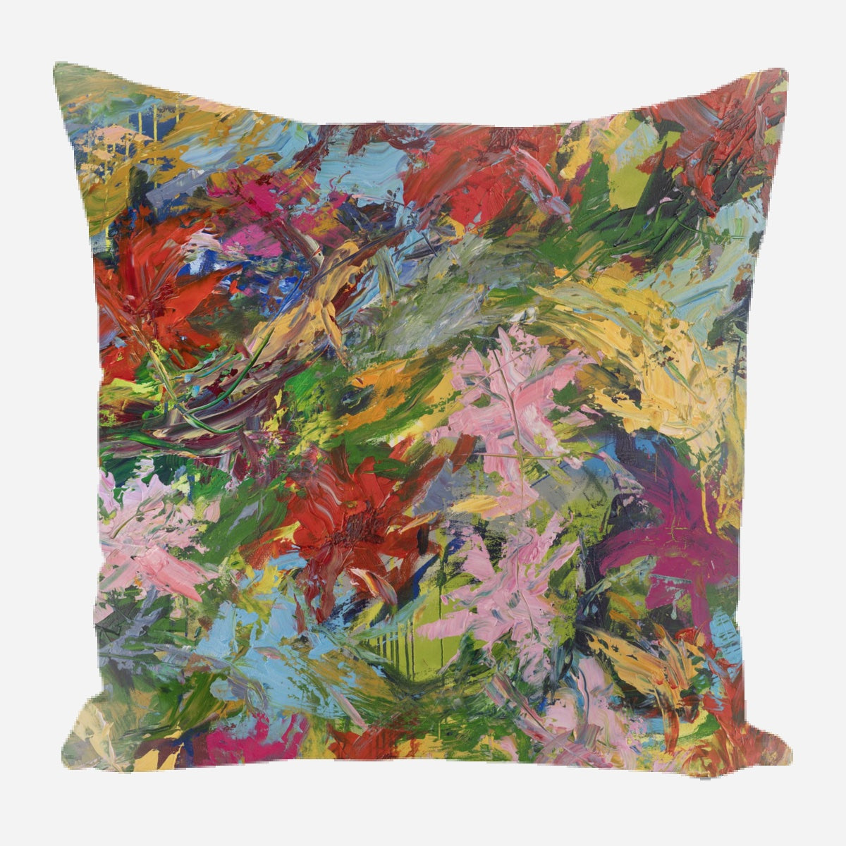 Square pillow with an abstract floral pattern featuring bold brushstrokes in red, green, pink, yellow, and blue on a mixed color background.