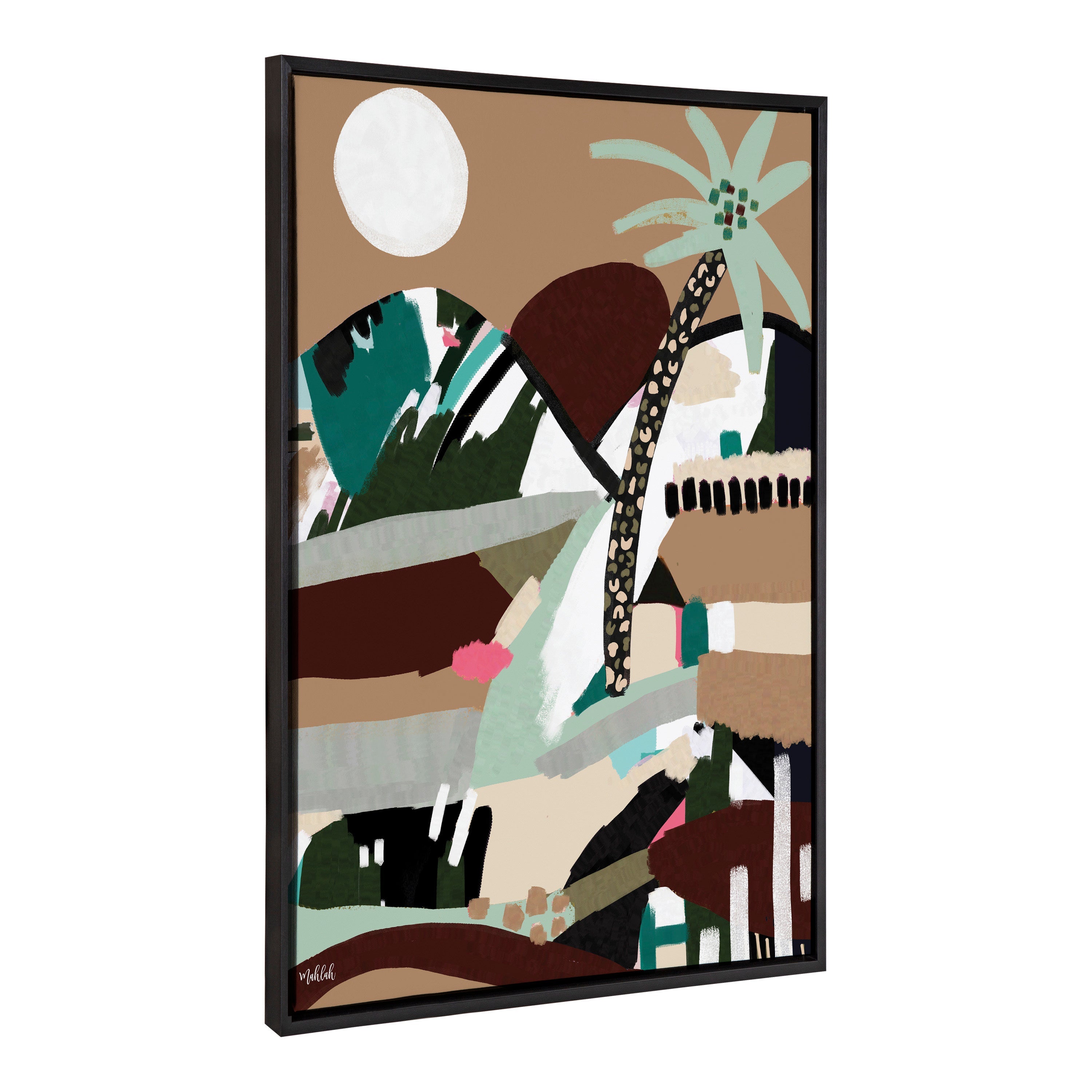 Sylvie Warm Offbeat Framed Canvas showing an abstract palm tree artwork in black tones, framed in a modern lightweight black polystyrene frame.