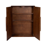 Open wooden floating bathroom cabinet with two doors, showing two interior shelves and a dark brown finish with simple, smooth surfaces.