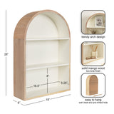 Arched wall shelf with a two-tone finish featuring solid mango wood frame and white inner shelves, measuring 26" tall by 18" wide with two shelves and pre-drilled hanging holes.
