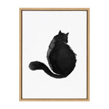 Black watercolor silhouette of a fluffy cat sitting and facing away on white canvas with natural wood frame