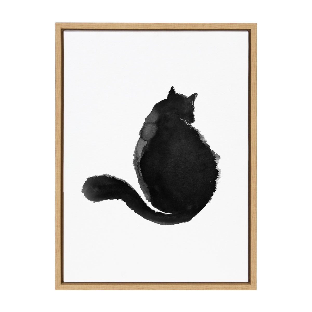 Black watercolor silhouette of a fluffy cat sitting and facing away on white canvas with natural wood frame