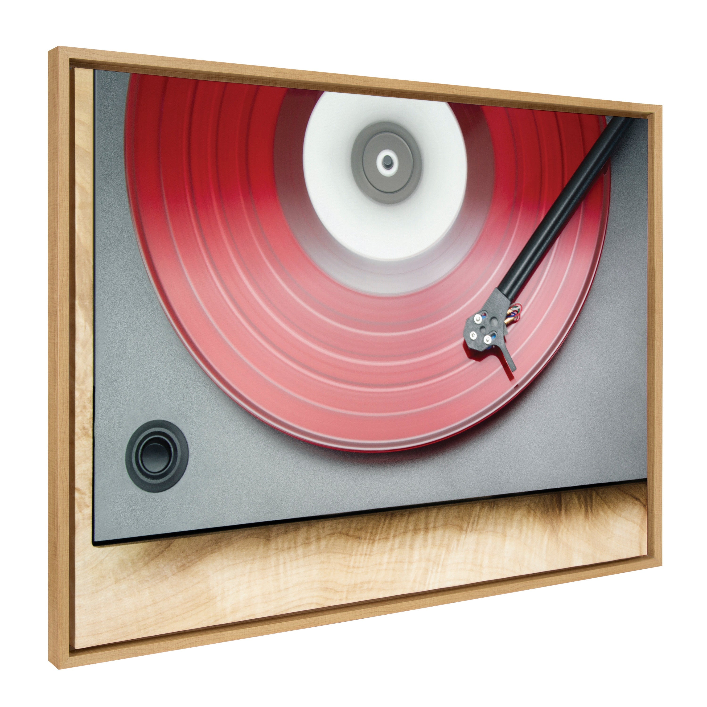 Sylvie Red Vinyl Framed Canvas showing a close-up of a red vinyl record photograph on gallery-wrapped canvas with natural frame.