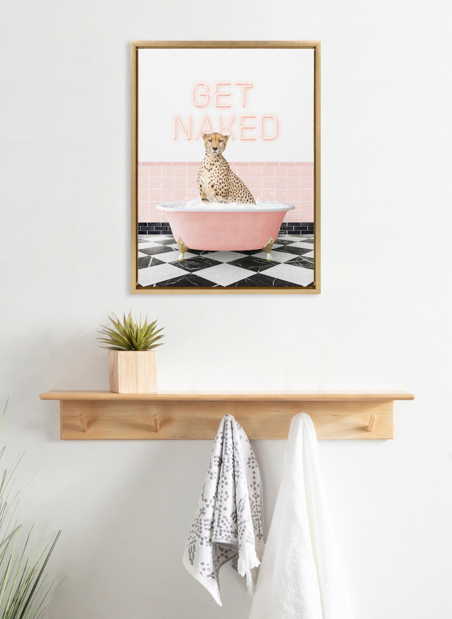 Sylvie Cheetah Get Naked in Retro Pink Bath Framed Canvas by Amy Peterson Art Studio