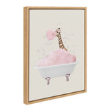 Illustration of a giraffe blowing a pink bubble gum bubble while sitting in a clawfoot bathtub filled with pink bubbles, framed with light wood.