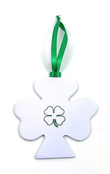 White four-leaf clover shaped ornament with a small green shamrock outline in the center and a green ribbon loop at the top for hanging.