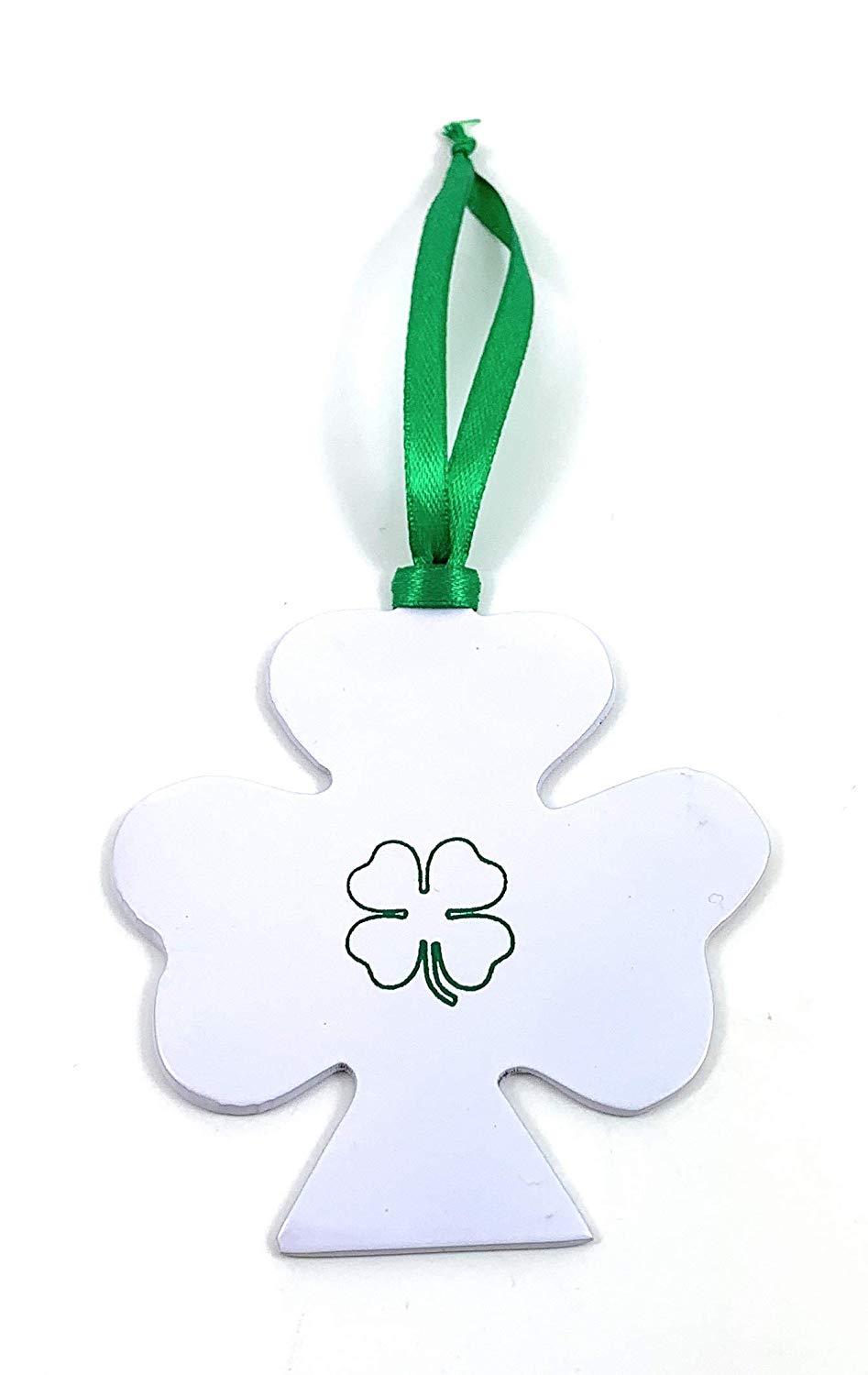 White four-leaf clover shaped ornament with a small green shamrock outline in the center and a green ribbon loop at the top for hanging.