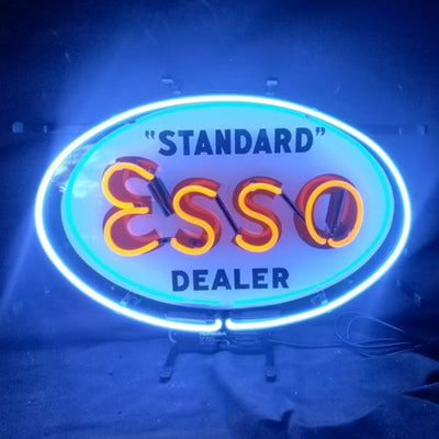 Standard Esso Dealer Neon Sign with glowing red and yellow neon tubes on metal grid backing