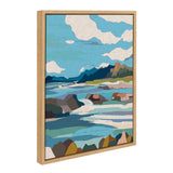 Abstract framed canvas depicting a coastal landscape with blue sky, white clouds, rocky shore, and distant mountains in layered colors.