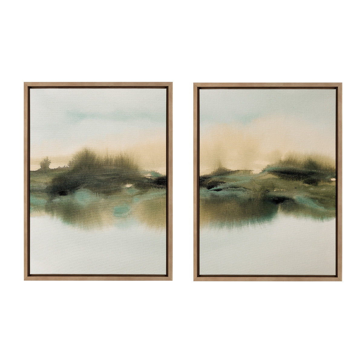 Pair of abstract landscape paintings with soft gradients in green, brown, and blue tones, framed in simple wood, suggesting tranquil meadows reflected on water.