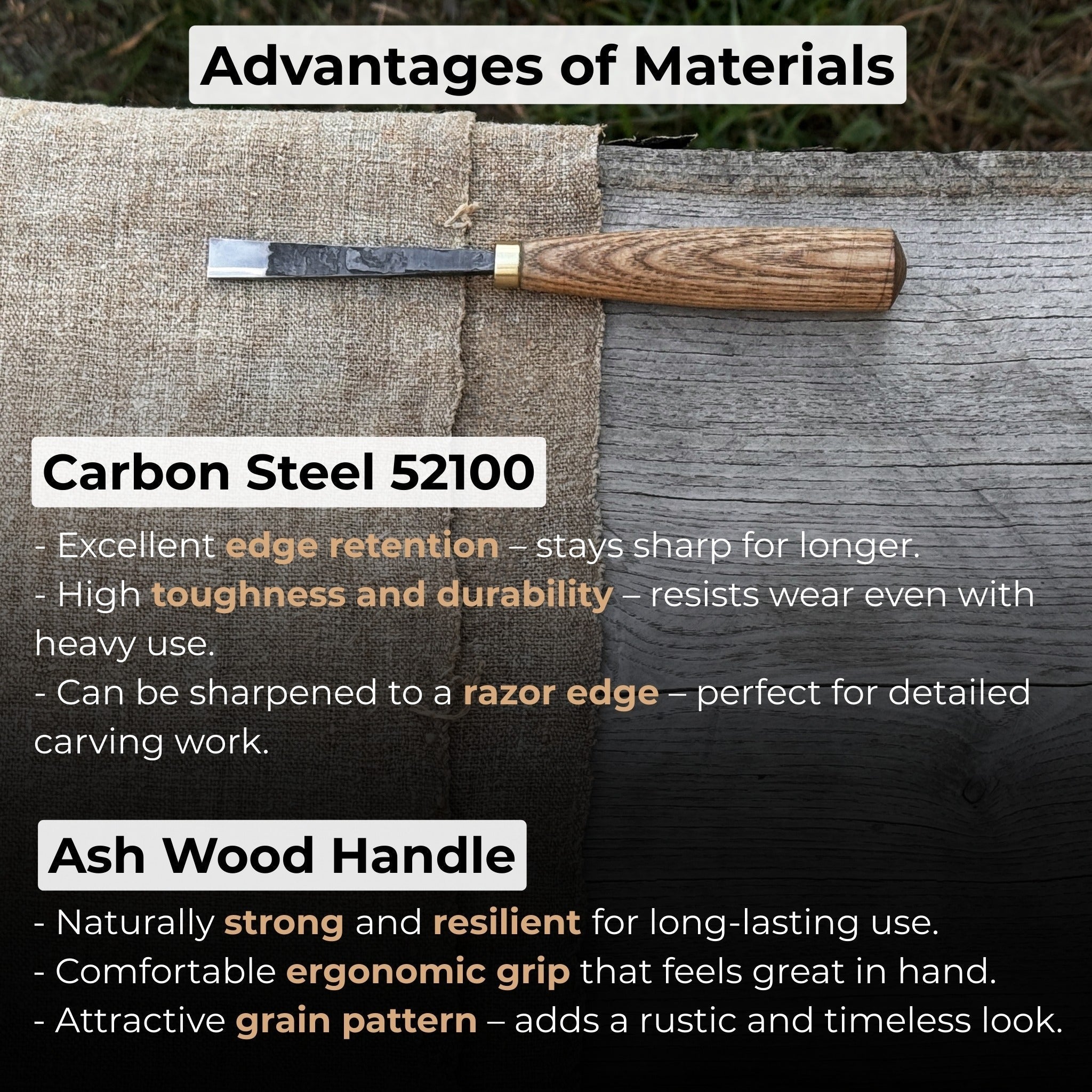 Straight Carving Gouge 12 mm with ash wood handle by Sharky Forged Steel Tools