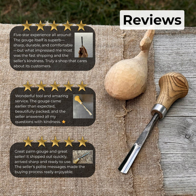 Straight carving gouge with ash palm handle and 5 to 12 mm blade widths by Sharky Forged Steel Tools