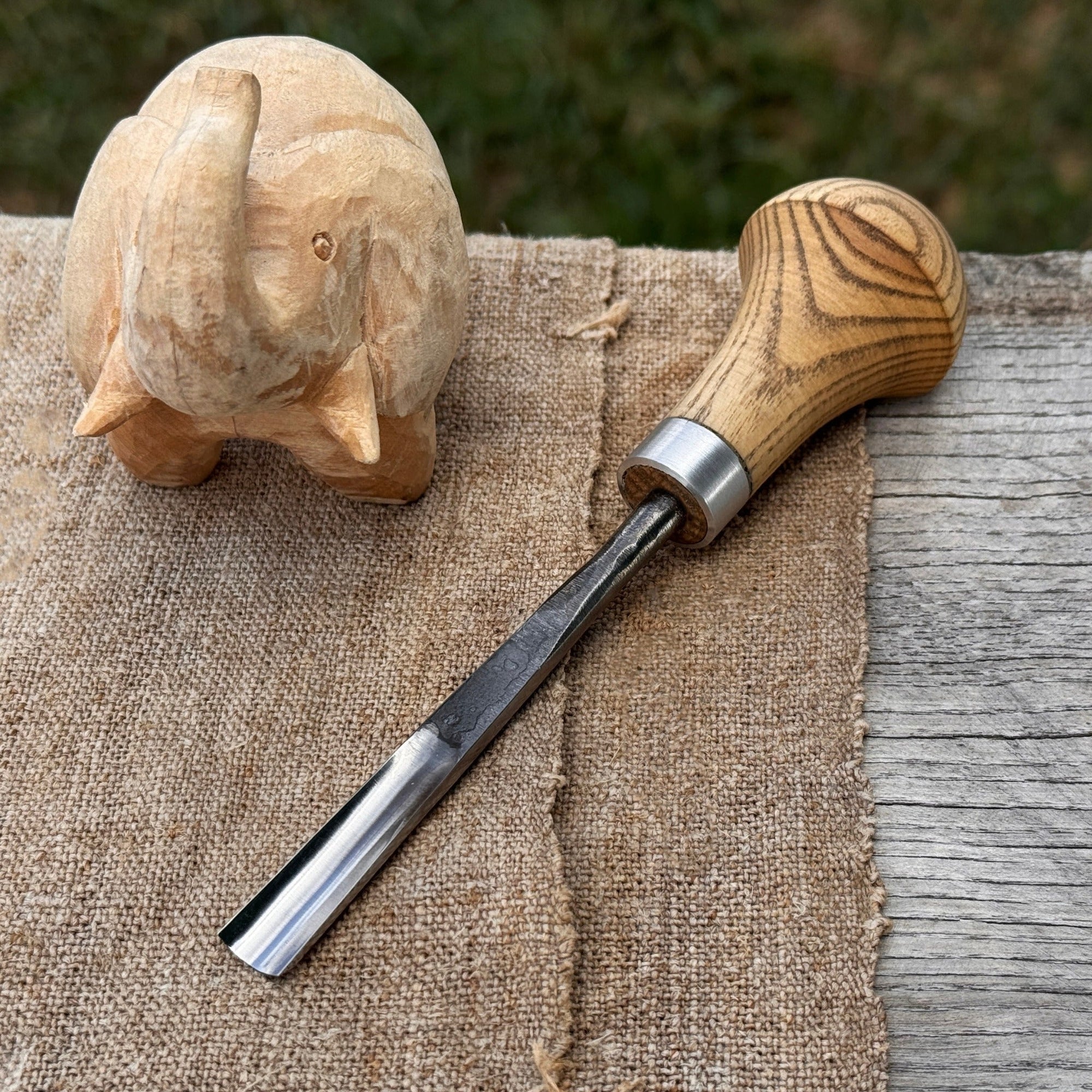 Straight carving gouge with ash palm handle and 5 to 12 mm blade widths by Sharky Forged Steel Tools