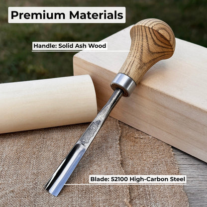 Straight carving gouge with ash palm handle and 5 to 12 mm blade widths by Sharky Forged Steel Tools
