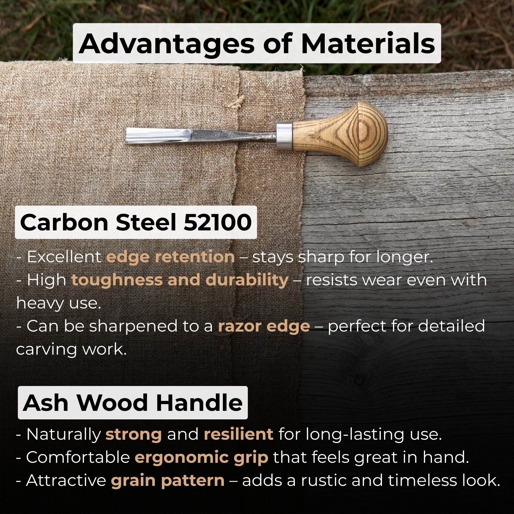 Straight carving gouge with ash palm handle and 5 to 12 mm blade widths by Sharky Forged Steel Tools