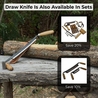 Hand-forged straight drawknife with 26 cm cutting edge and ash wood handles