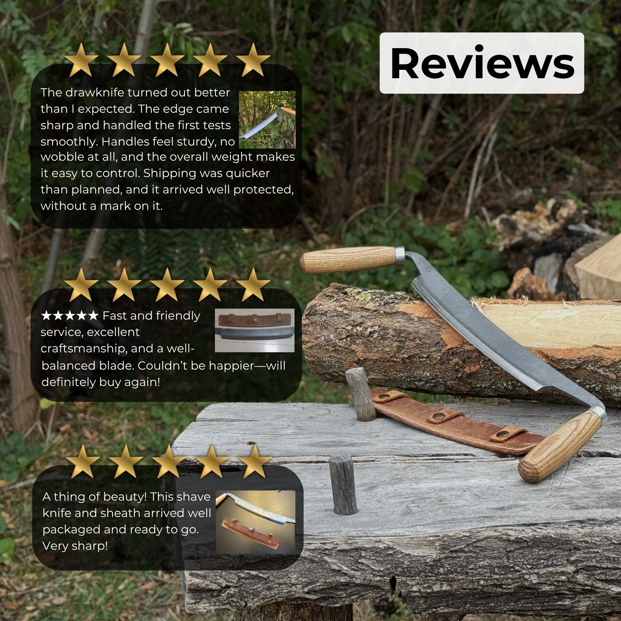 Hand-forged straight drawknife with 26 cm cutting edge and ash wood handles