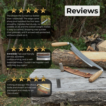 Hand-forged straight drawknife with 26 cm cutting edge and ash wood handles