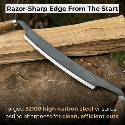 Hand-forged straight drawknife with 26 cm cutting edge and ash wood handles