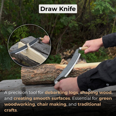 Hand-forged straight drawknife with 26 cm cutting edge and ash wood handles
