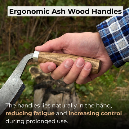 Hand-forged straight drawknife with 26 cm cutting edge and ash wood handles