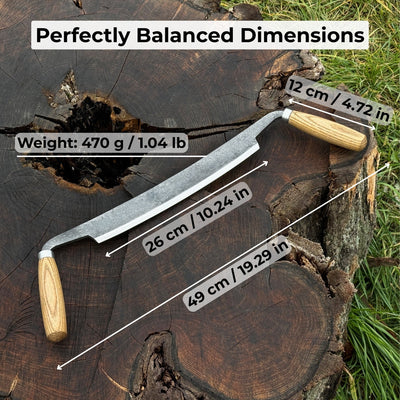 Hand-forged straight drawknife with 26 cm cutting edge and ash wood handles