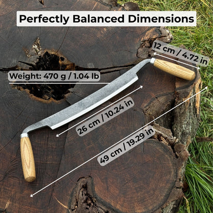 Hand-forged straight drawknife with 26 cm cutting edge and ash wood handles