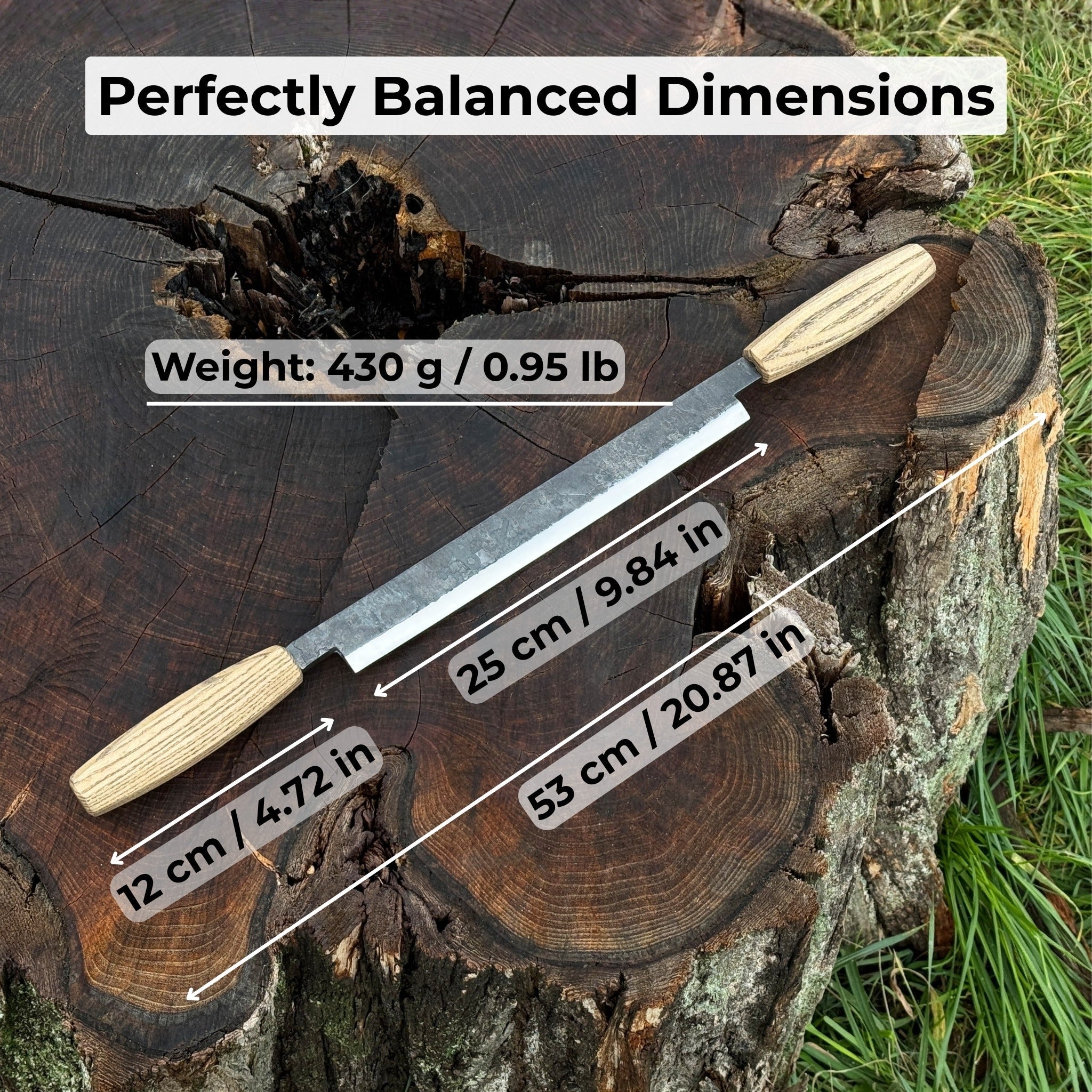 Straight drawknife with 25 cm carbon steel blade and leather sheath
