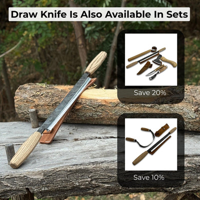 Straight drawknife with 25 cm carbon steel blade and leather sheath