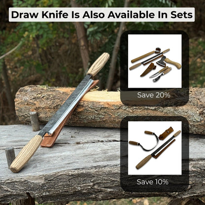 Straight drawknife with 25 cm carbon steel blade and leather sheath