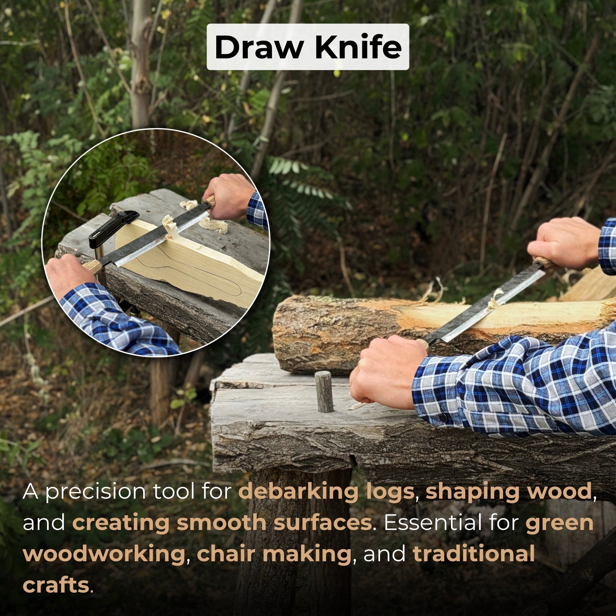 Straight drawknife with 25 cm carbon steel blade and leather sheath