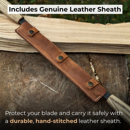 Straight drawknife with 25 cm carbon steel blade and leather sheath