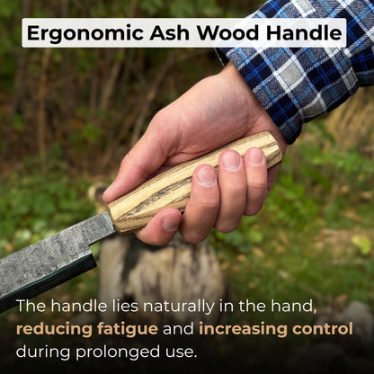 Straight drawknife with 25 cm carbon steel blade and leather sheath