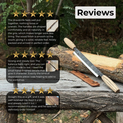 Straight drawknife with 25 cm carbon steel blade and leather sheath