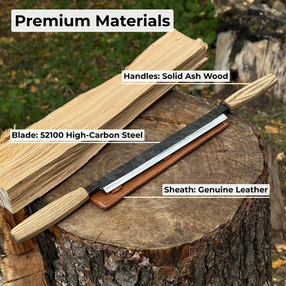 Straight drawknife with 25 cm carbon steel blade and leather sheath