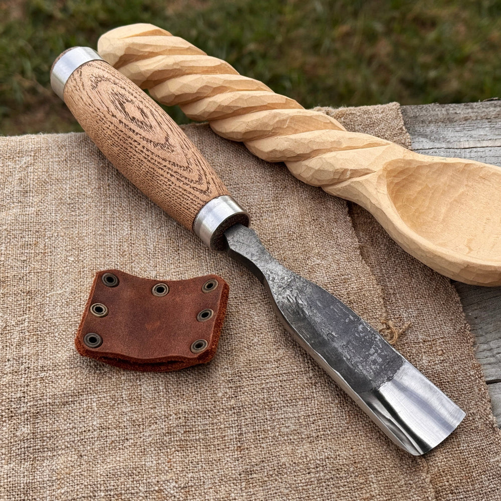Hand-forged straight gouge rounded chisel with ash handle for wood carving
