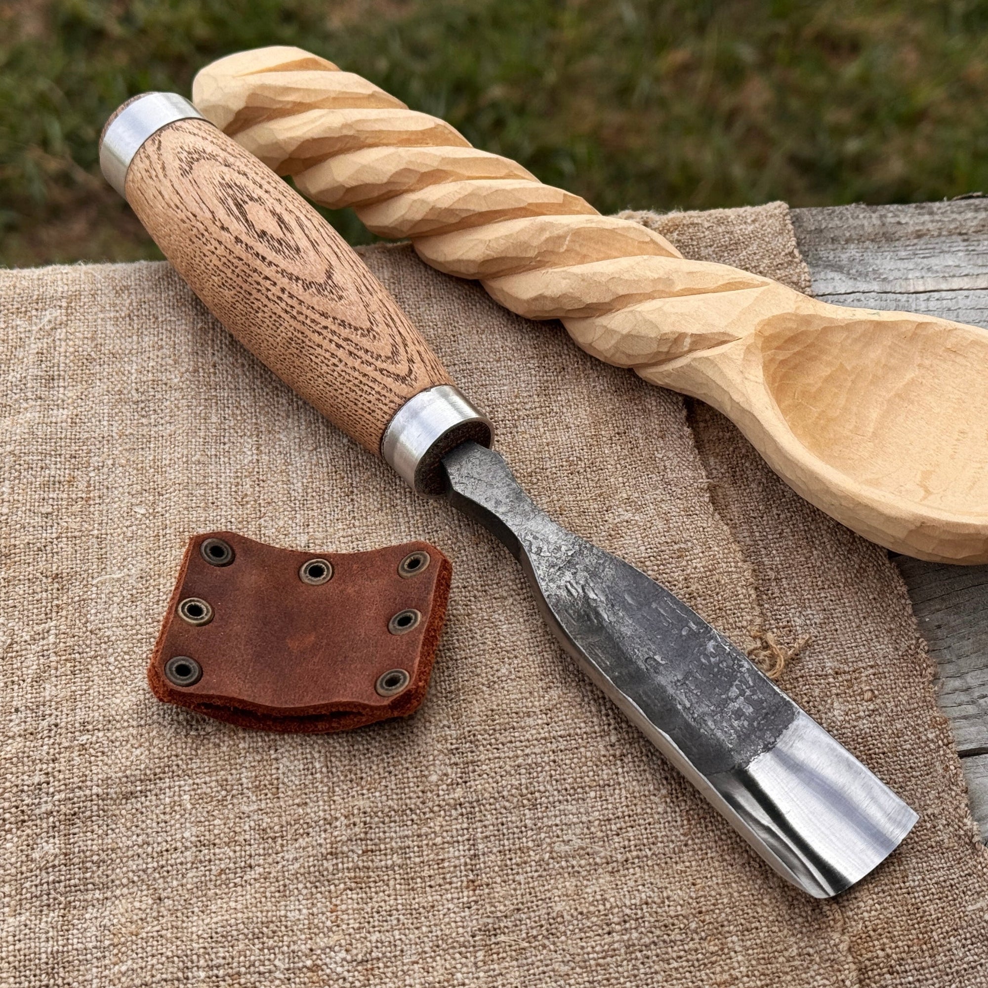 Hand-forged straight gouge rounded chisel with ash handle for wood carving