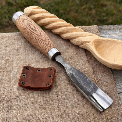 Hand-forged straight gouge rounded chisel with ash handle for wood carving